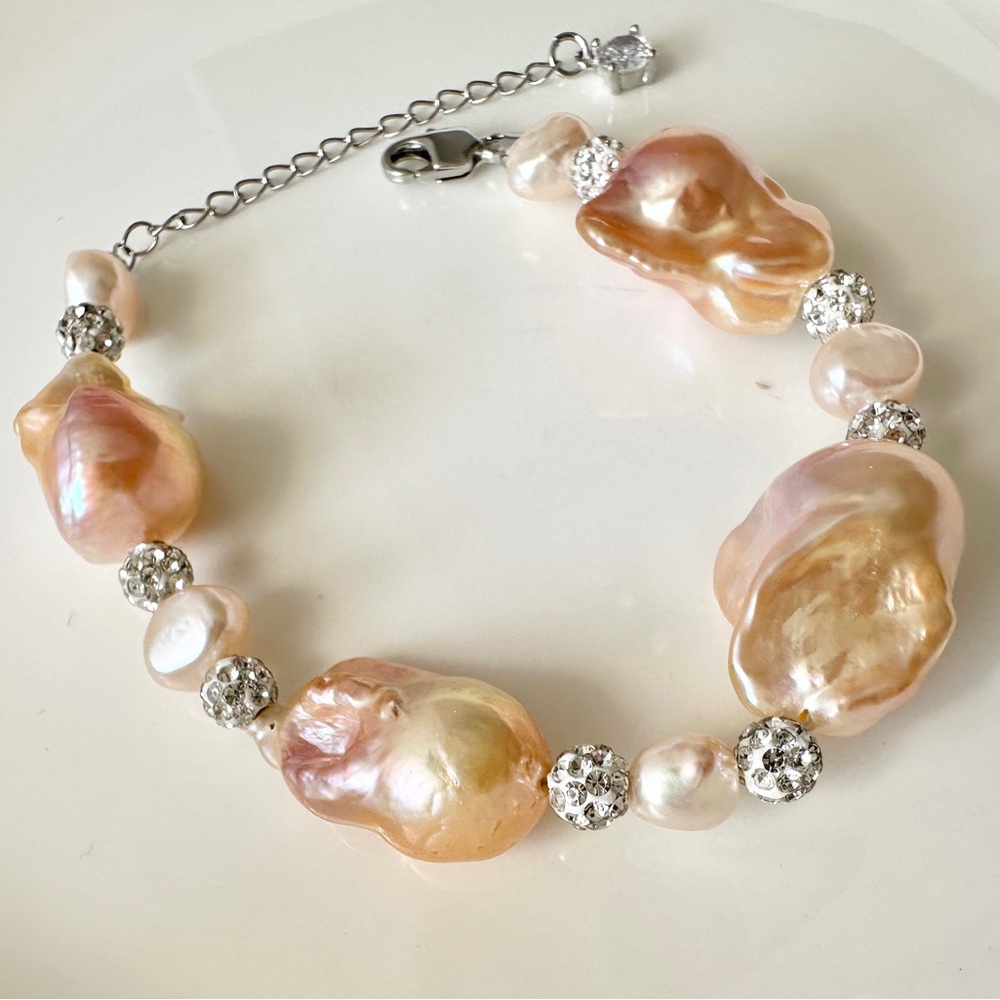 L4- Set of Freshwater Baroque Pearl Bracelet 7 inches & CZ Bracelet 6.75 in - Picture 6 of 10